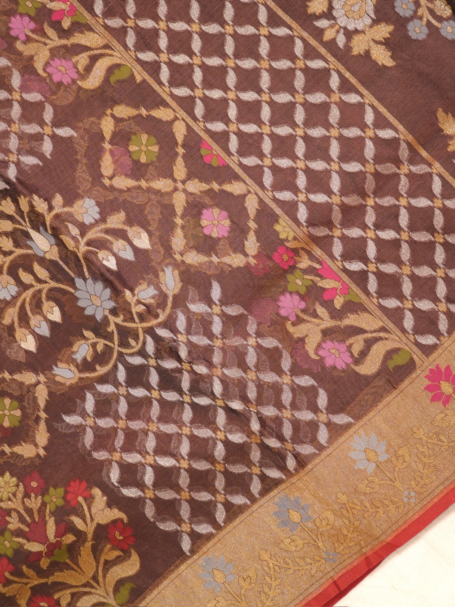 Brown Elegant Kora Jamdani Silk Saree | Handwoven Floral Zari Work