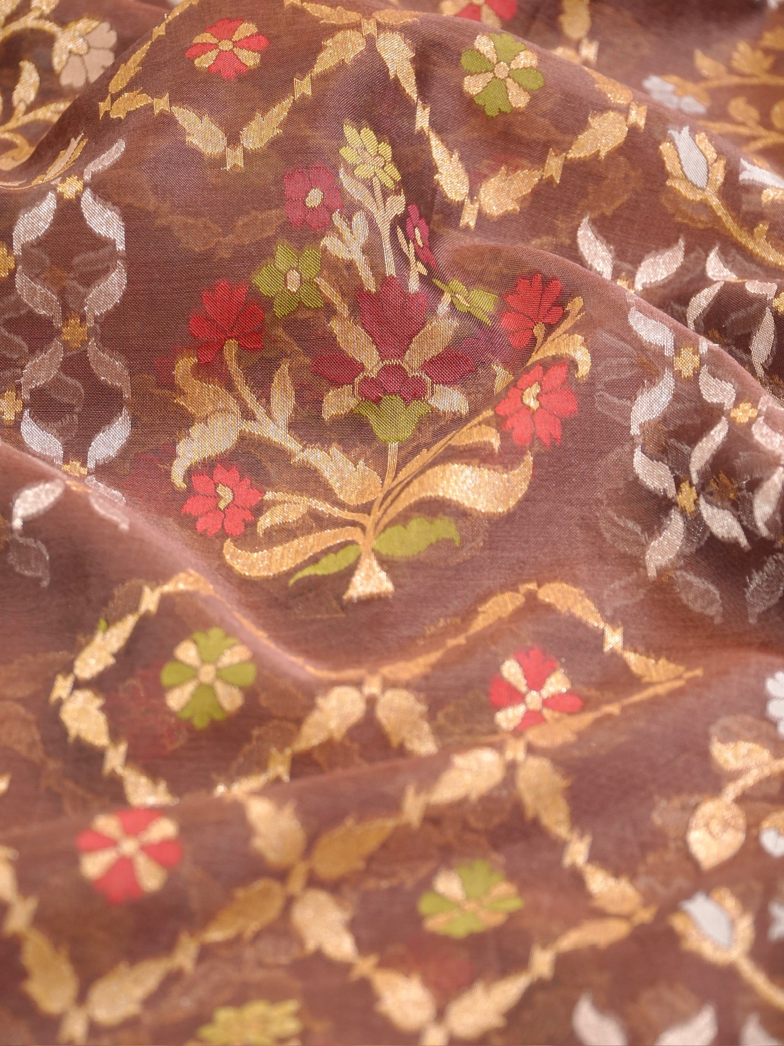 Brown Elegant Kora Jamdani Silk Saree | Handwoven Floral Zari Work