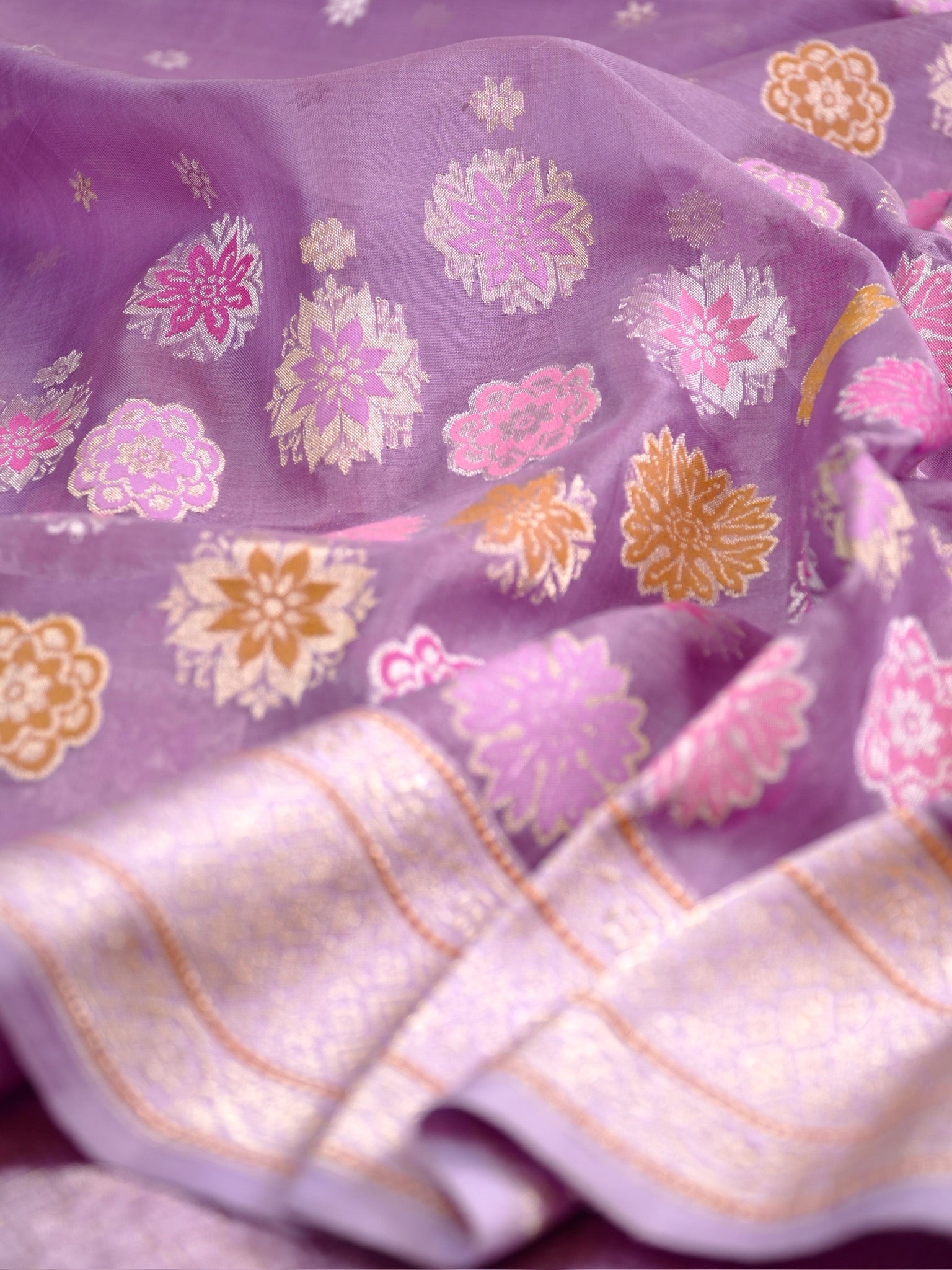 Lavender Handwoven Organza Silk Saree with Floral Zari Borders