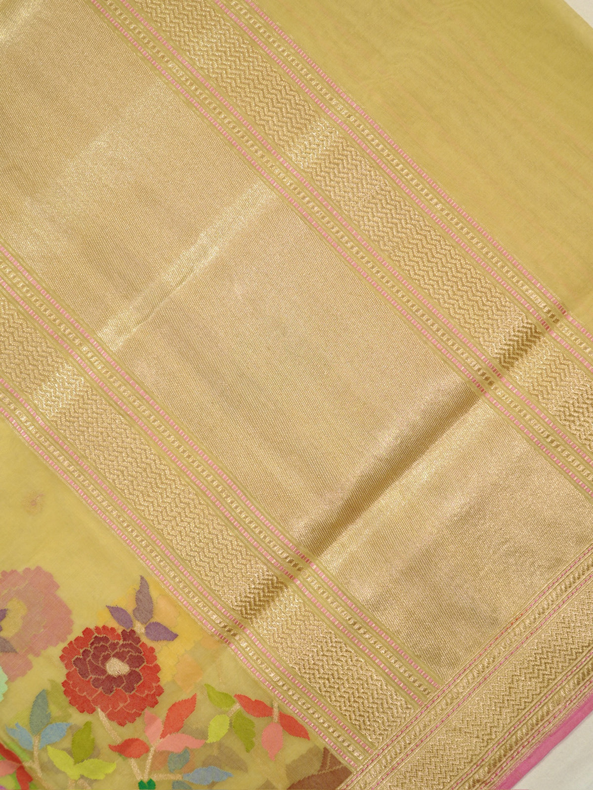 Pure Kora Silk Jamdani Saree in Yellow With Skrt Border Handwoven Saree