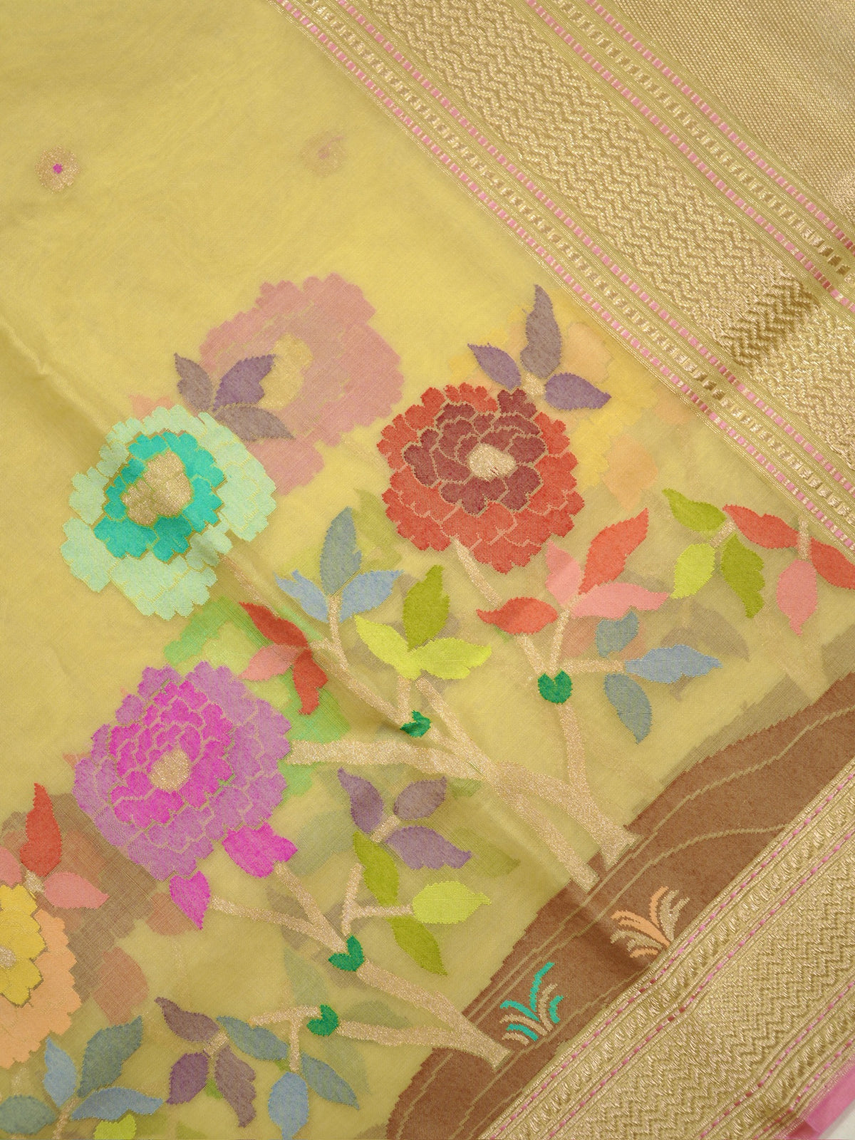 Pure Kora Silk Jamdani Saree in Yellow With Skrt Border Handwoven Saree