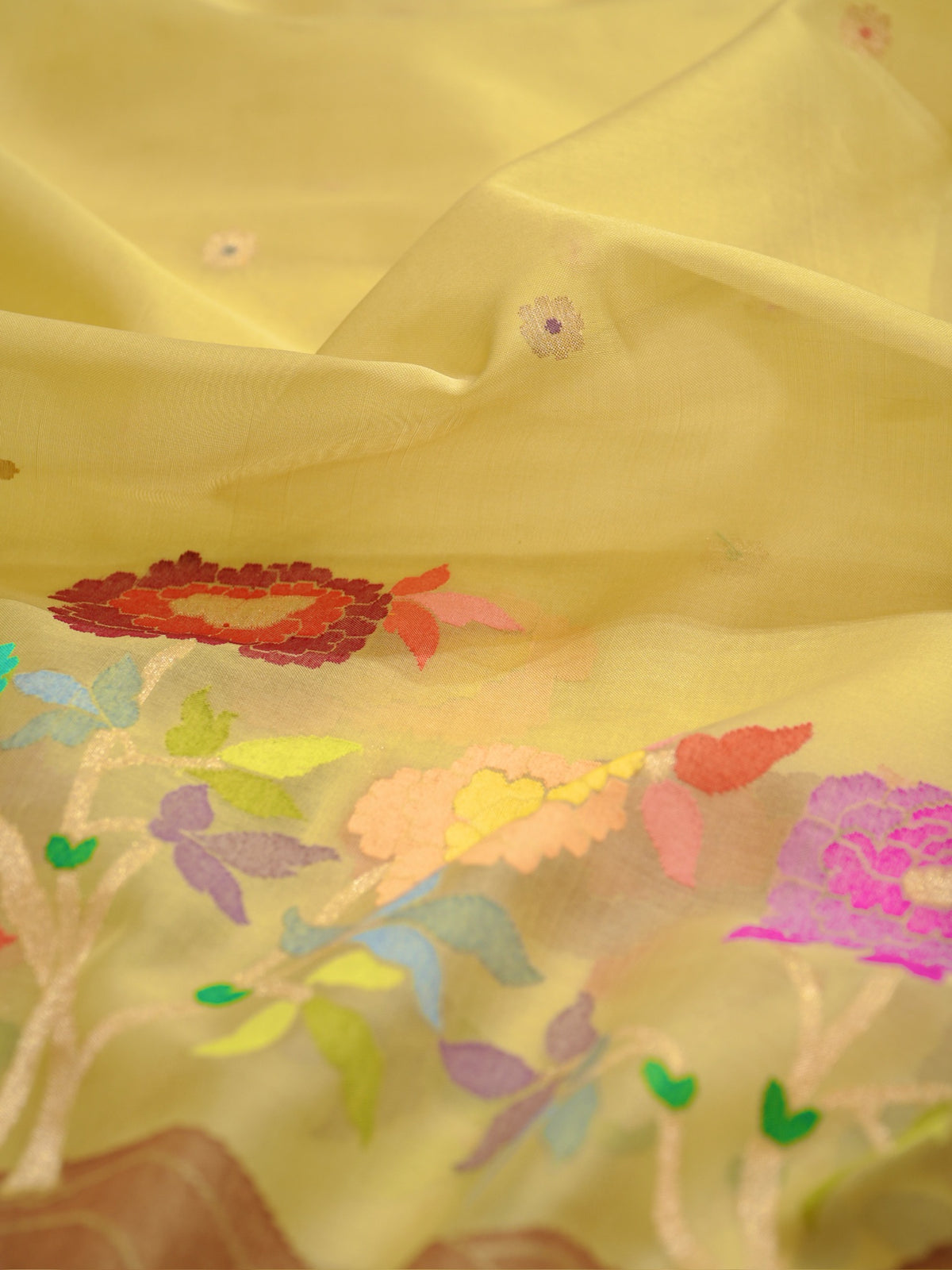 Pure Kora Silk Jamdani Saree in Yellow With Skrt Border Handwoven Saree