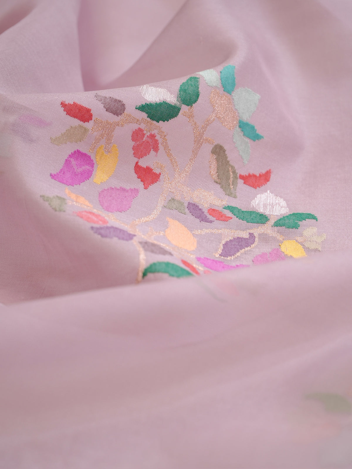 Pure Kora Silk Jamdani Saree in Pink With Skrt Border Handwoven Saree