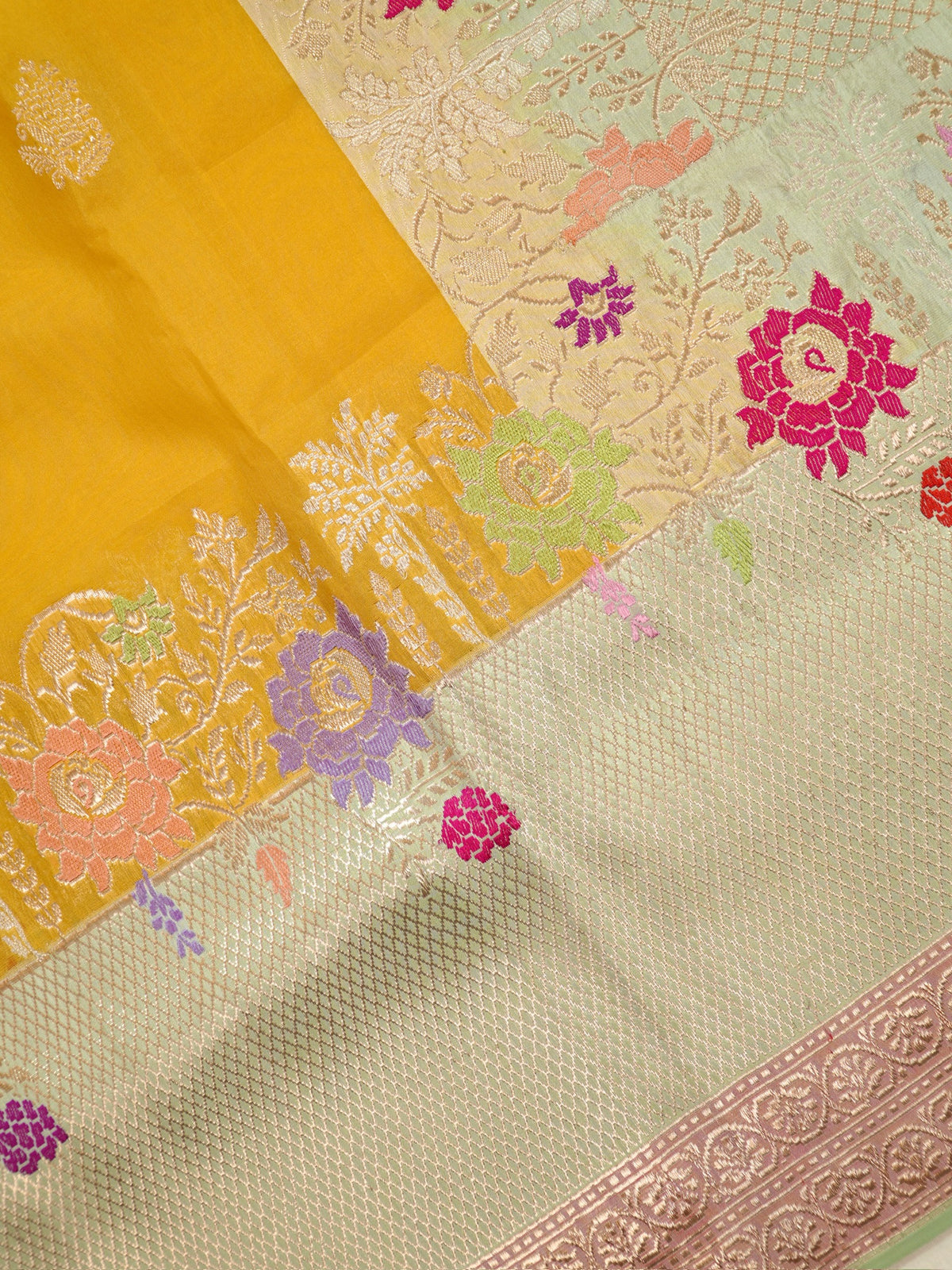 Musterd Yellow Pure kora Silk Kadiyal Border Banarasi handwoven Saree