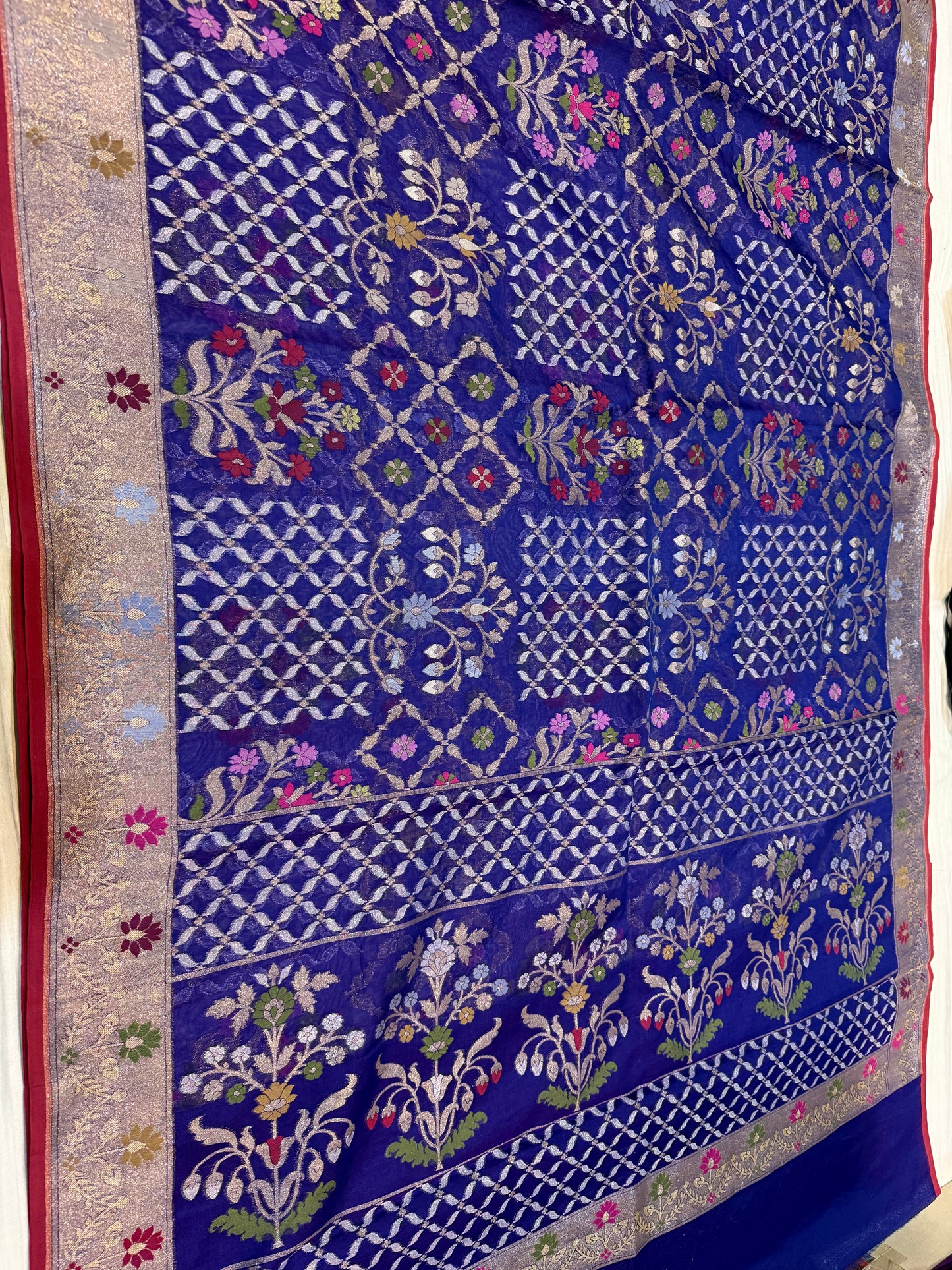 Navy Blue Ektra kora silk Jamdani katwork Zari Border Anchal Mina Work Saree