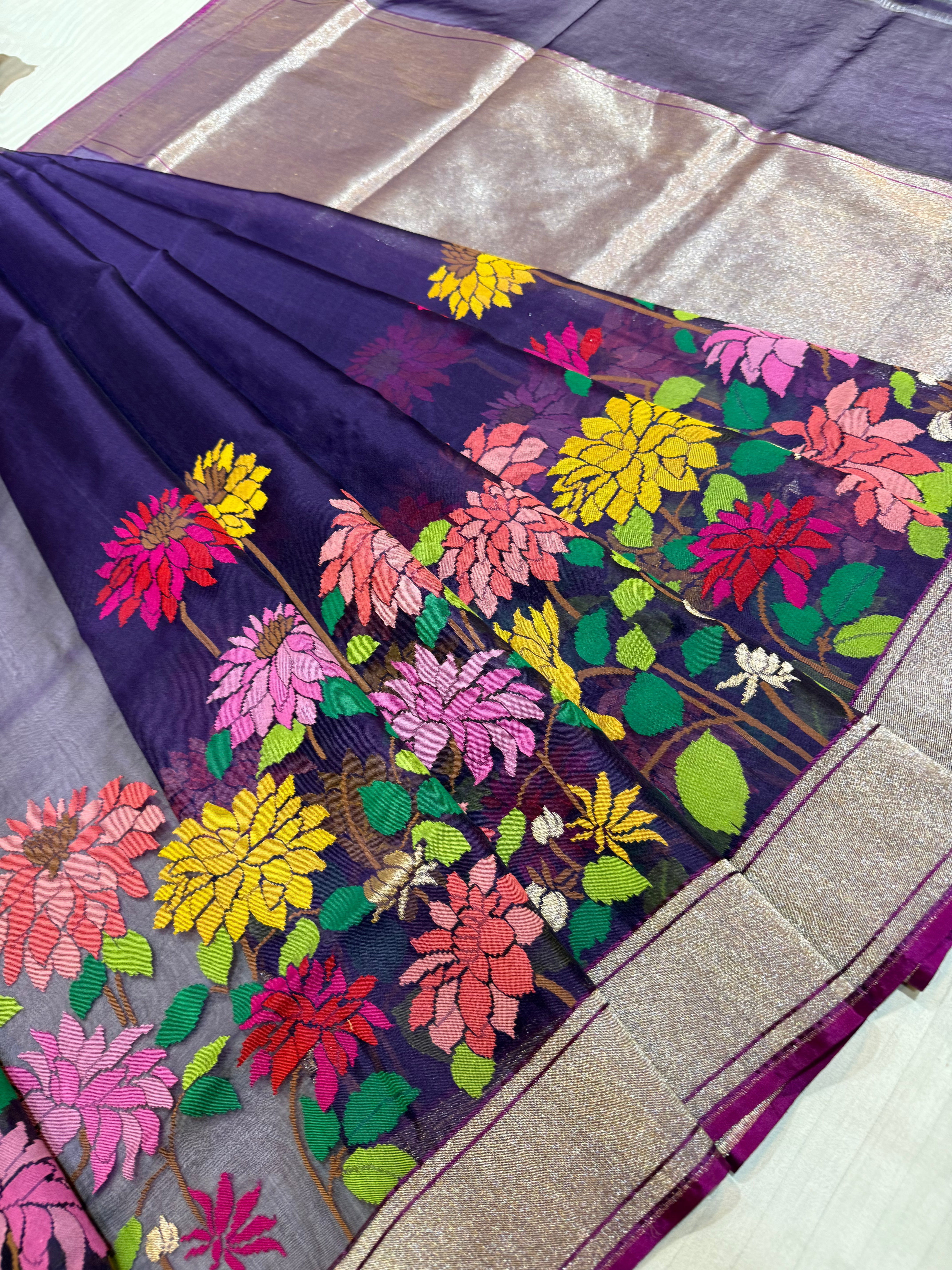 Purple Blue Silk Jamdani Mina Handwoven Saree