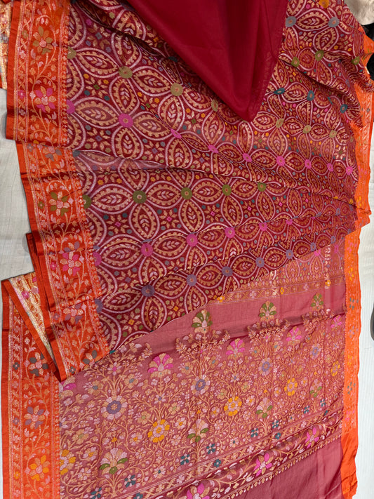 Red Ektra kora silk Jamdani katwork Zari Border Anchal Mina Work Saree