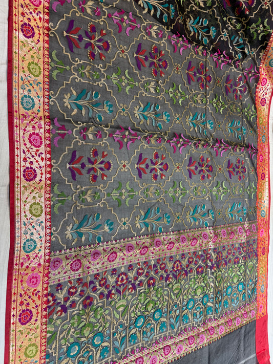 Black Ektra kora silk Jamdani katwork Zari Border Anchal Mina Work Saree