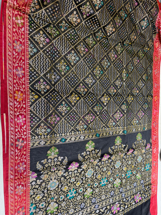Black Ektra kora silk Jamdani katwork Zari Border Anchal Mina Work Saree