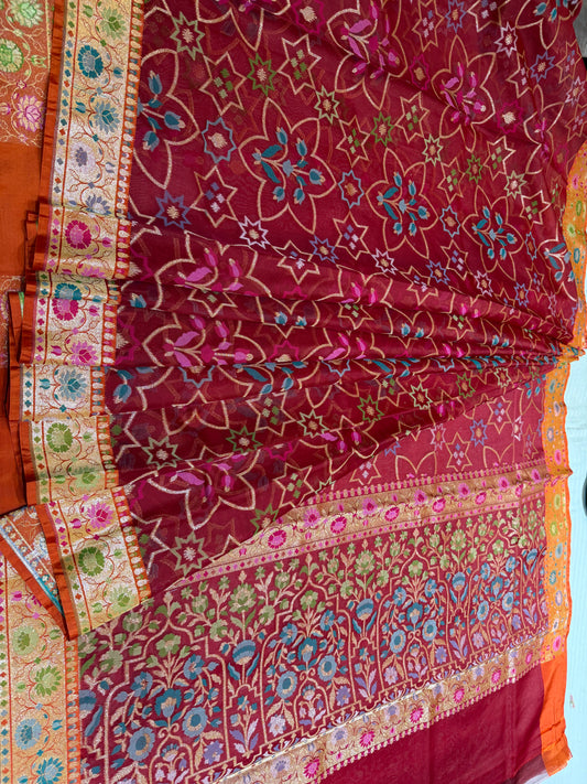 Red Jamdani Kutwork Zari Border Anchal Mina Work Saree