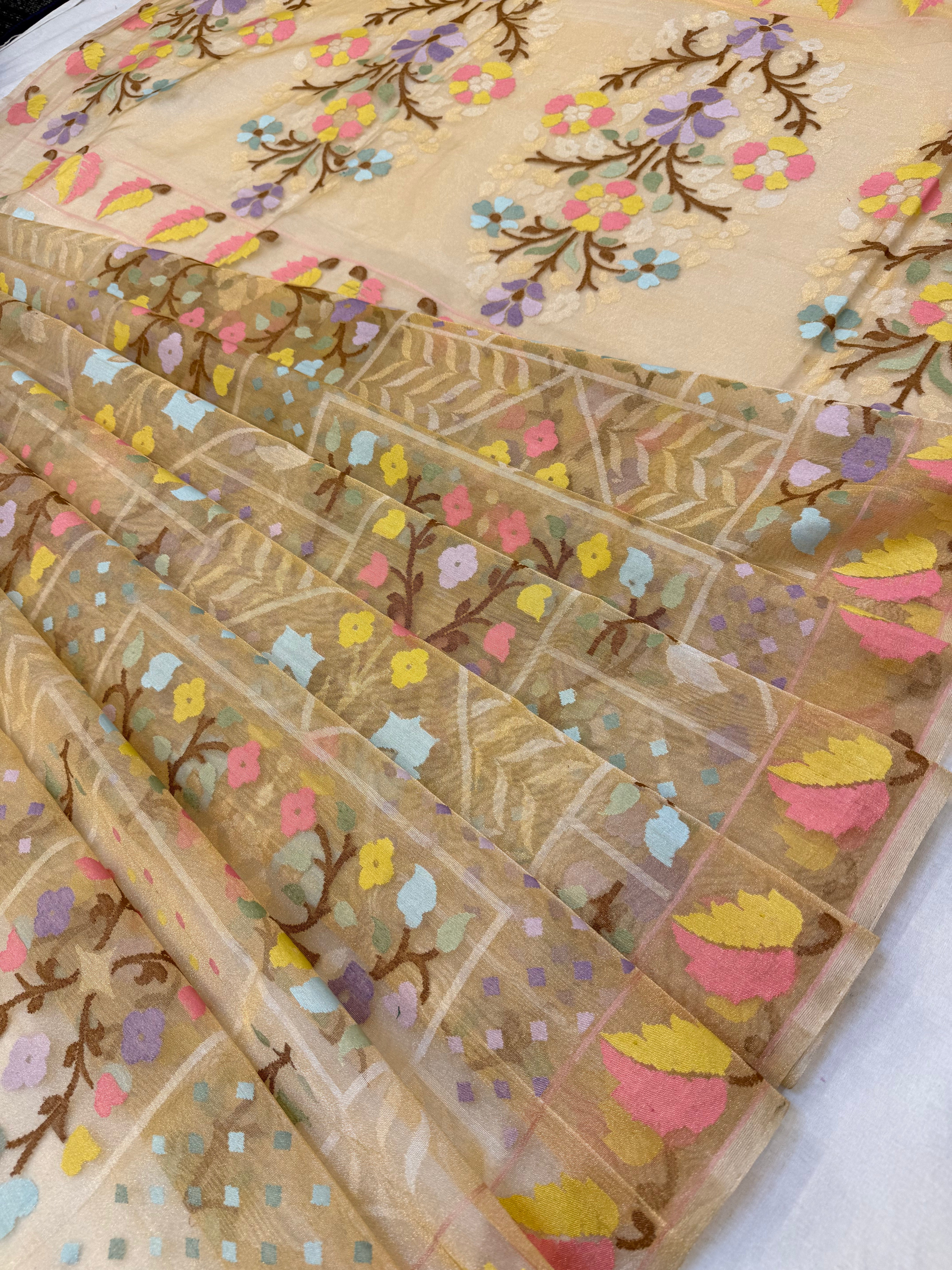 Pure Real Zari Tissue Jamdani Saree – Handwoven Luxury Mugal Jall Natural Tissu