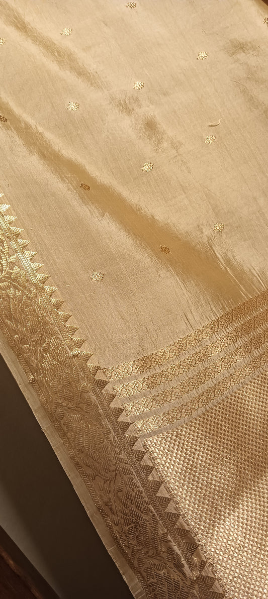 Beige Gold Pure Banarasi Puna Silk Saree