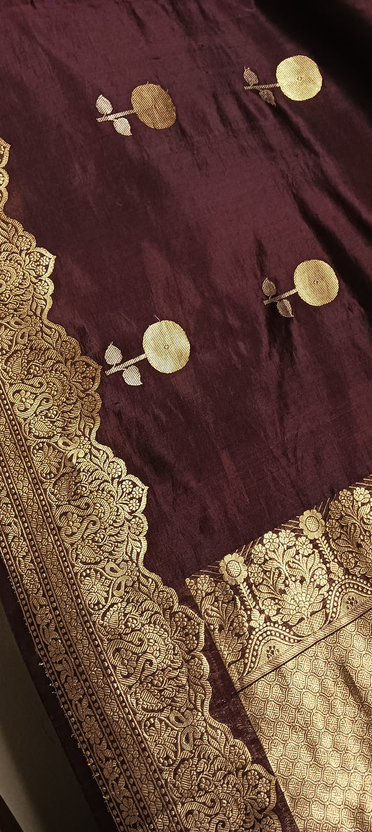 Wine Brown Pure Banarasi Puna Silk Saree
