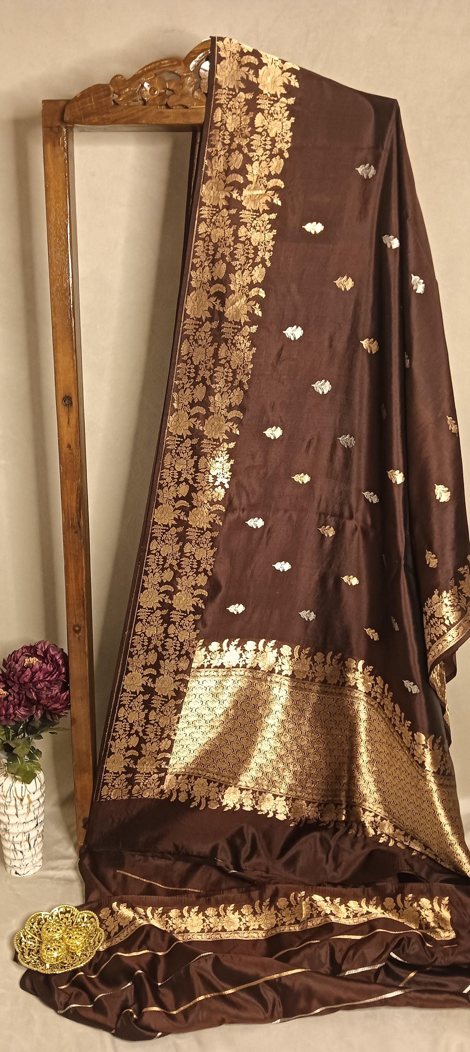 Dark Coffee Brown Pure Banarasi Puna Silk Saree