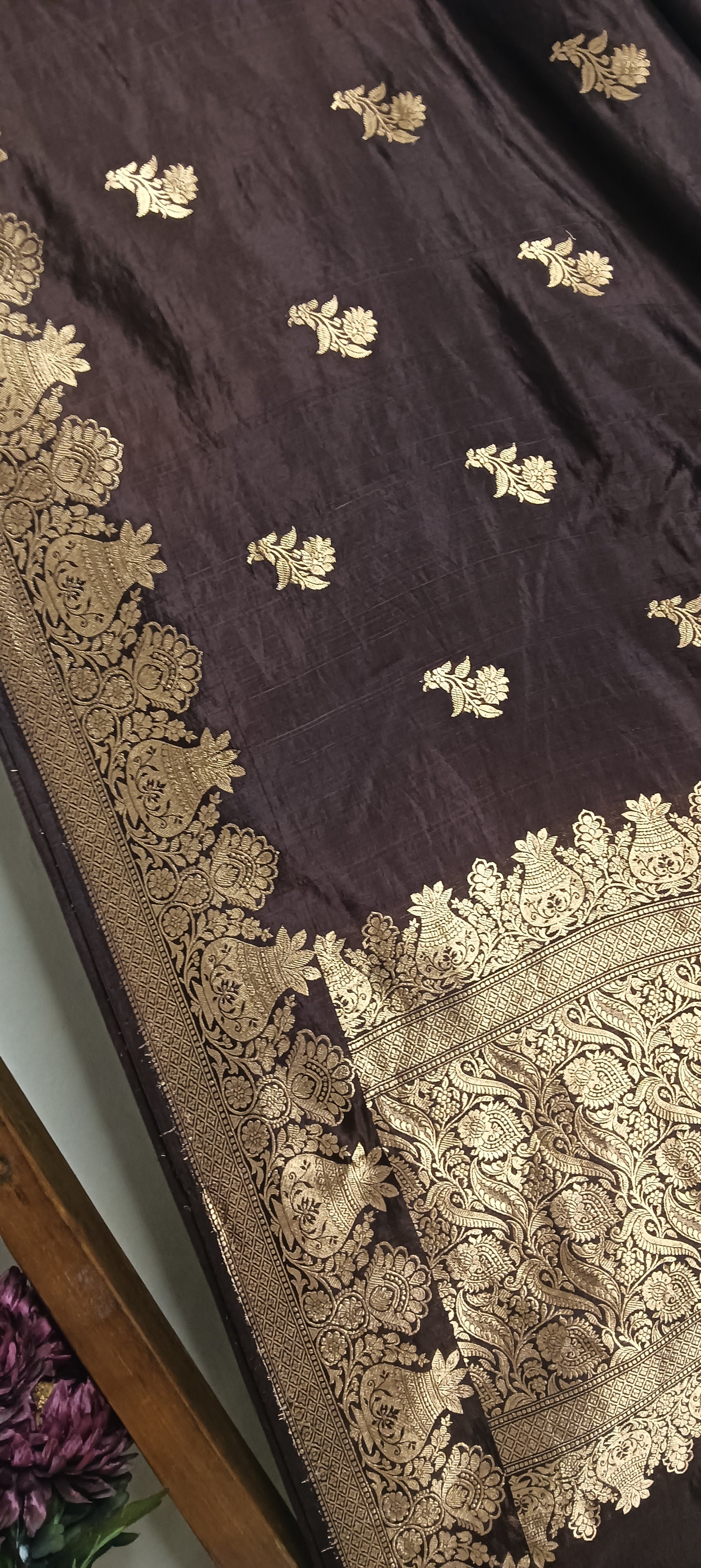 Dark Coffee Brown Pure Banarasi Puna Silk Saree