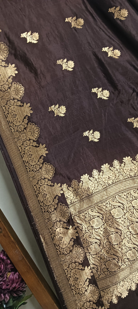 Dark Coffee Brown Pure Banarasi Puna Silk Saree