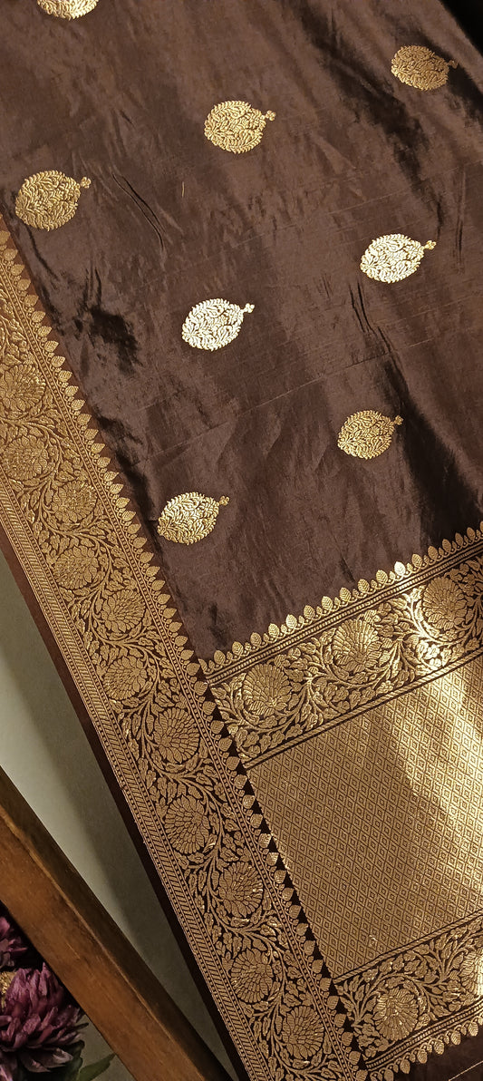 Espresso Brown Pure Banarasi Puna Silk Saree
