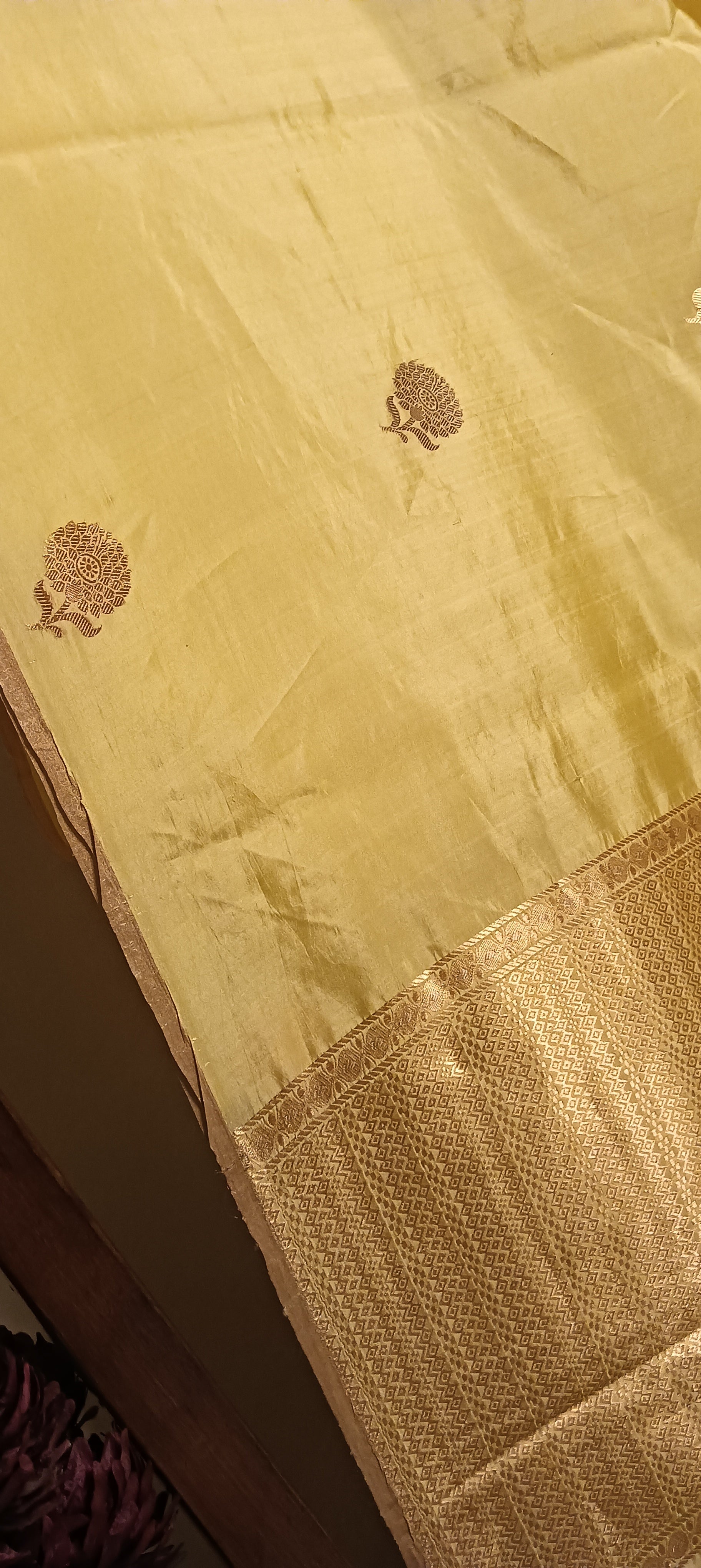 Creamy Butter Yellow Pink Pure Banarasi Puna Silk Saree