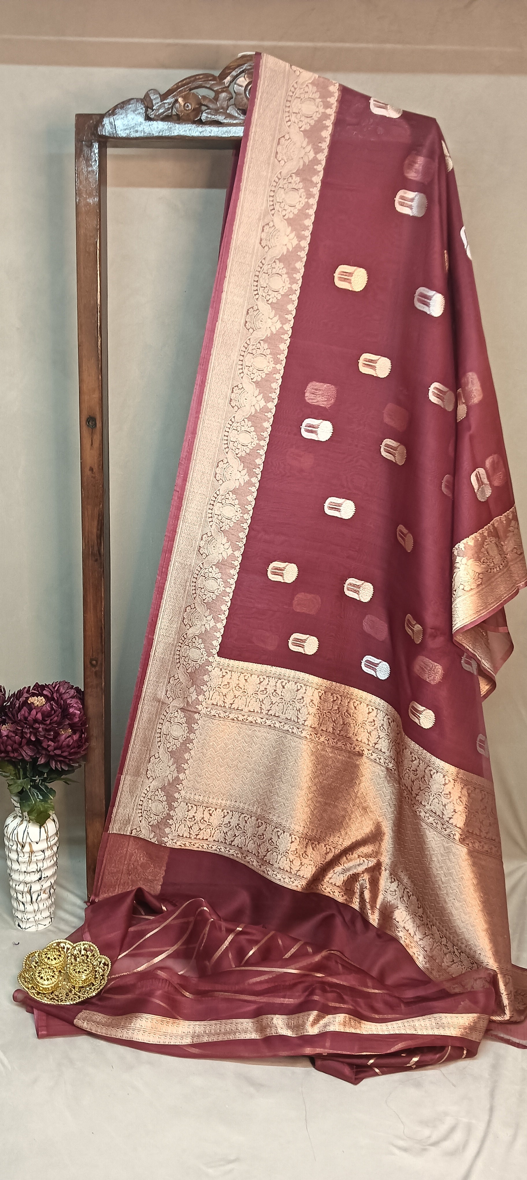 Muted Rose Pink Pure Kora Organza Banarasi Silk Saree