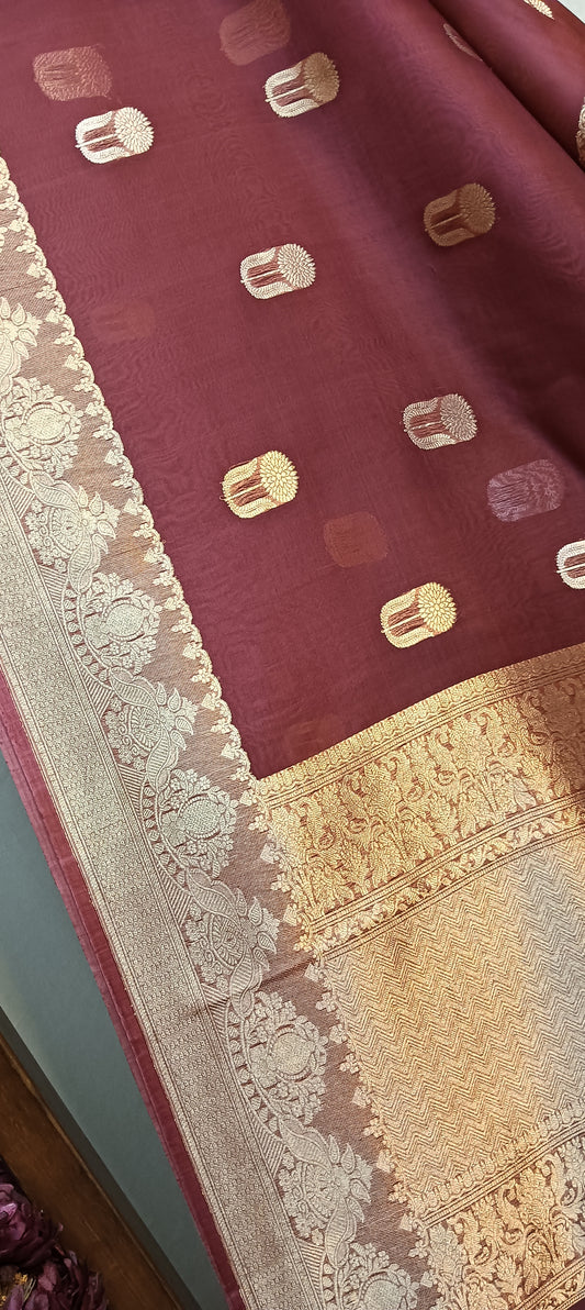 Muted Rose Pink Pure Kora Organza Banarasi Silk Saree