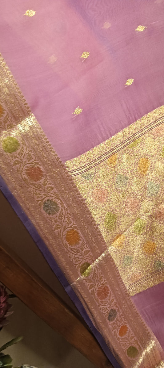 Onion pink Pure Kora Organza Banarasi Silk Saree