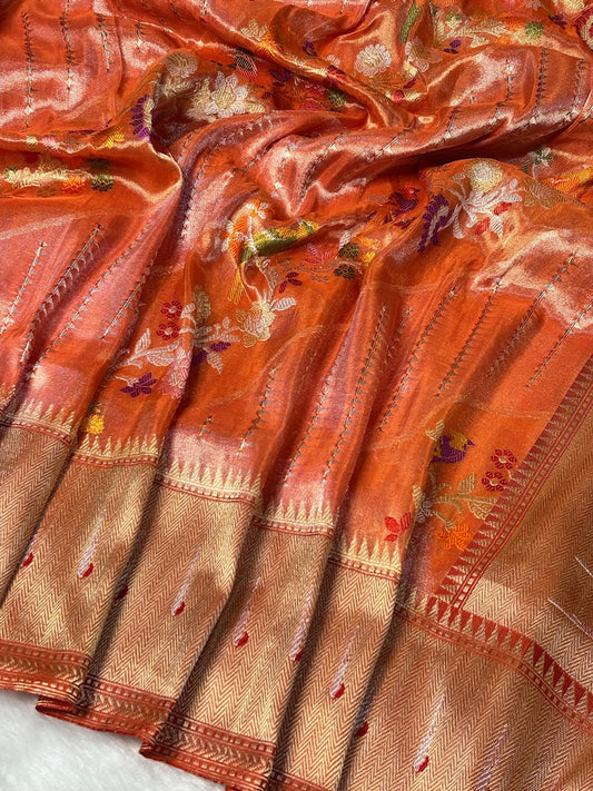 Rust Orange Handwoven Pure Banarasi Tissue High Silver Percentage Silk Saree