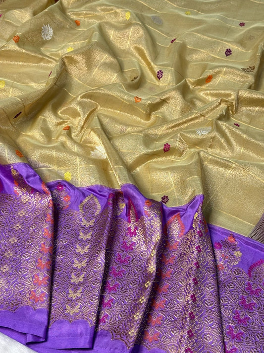 Golden Olive Handwoven Pure Banarasi Tissue Silk Saree