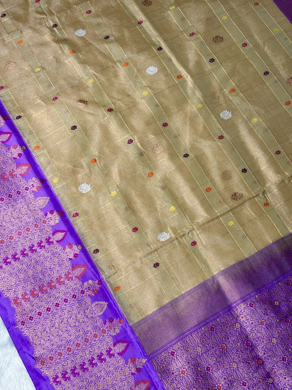 Golden Olive Handwoven Pure Banarasi Tissue Silk Saree