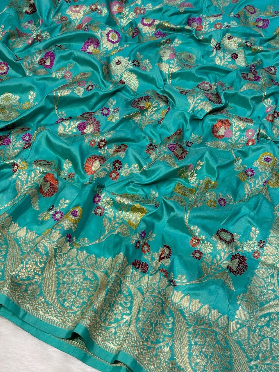 Ocean Blue Handwoven Pure Banarasi Silk Saree – Kadwa Weave in 100% Katan Mulberry Silk