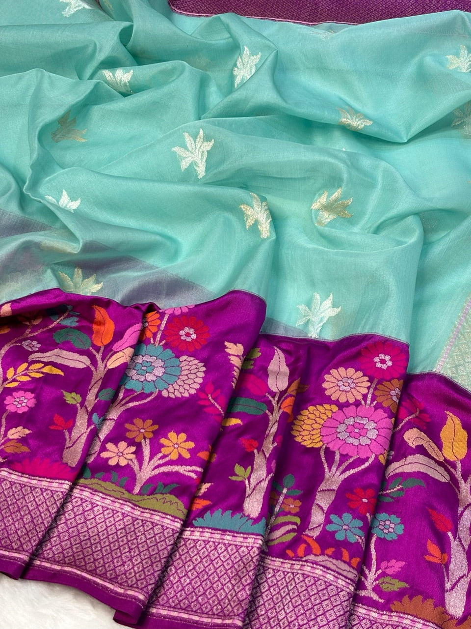 Sea Green Blue Kora Jamdani Ektara Skart Border Silk handwoven Banarasi Saree