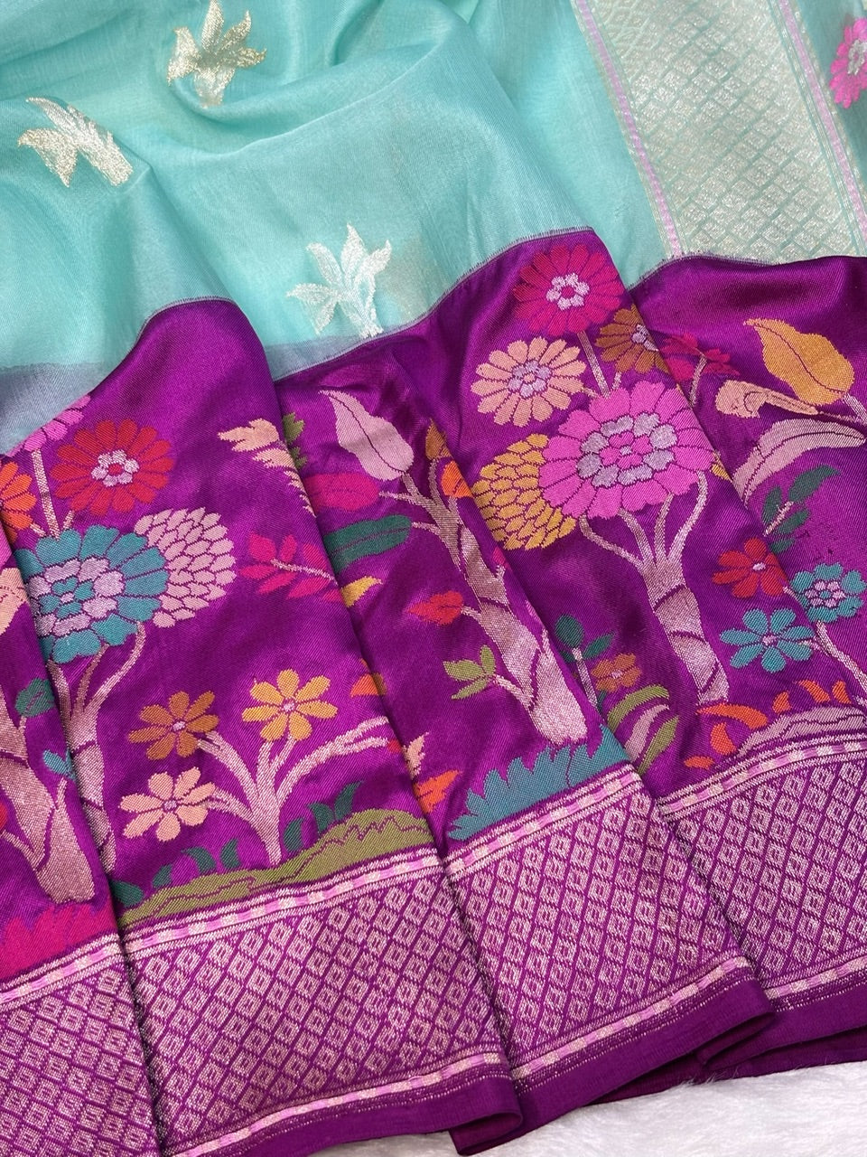 Sea Green Blue Kora Jamdani Ektara Skart Border Silk handwoven Banarasi Saree