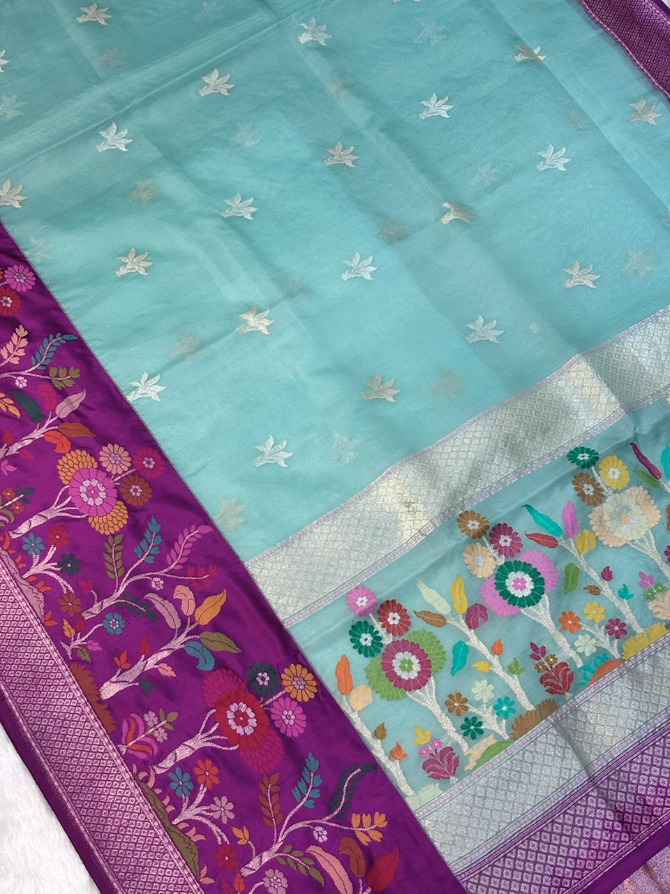 Sea Green Blue Kora Jamdani Ektara Skart Border Silk handwoven Banarasi Saree