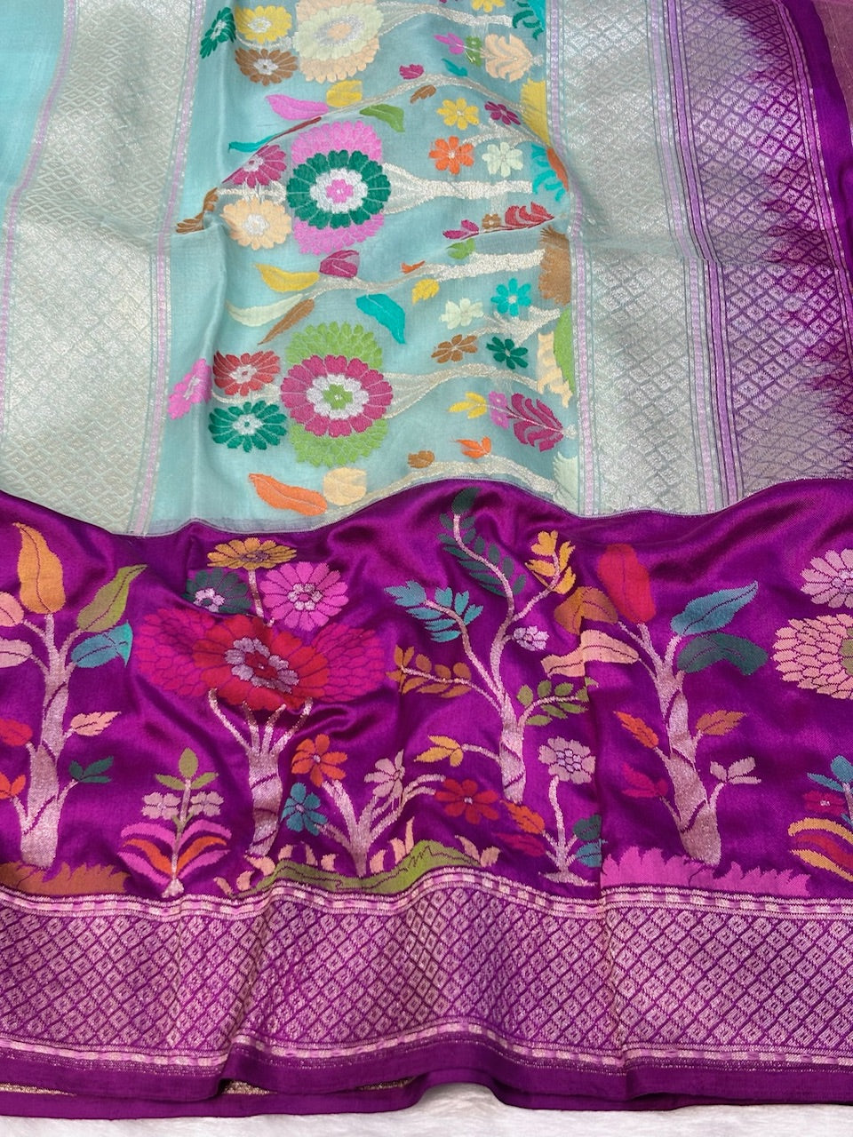 Sea Green Blue Kora Jamdani Ektara Skart Border Silk handwoven Banarasi Saree
