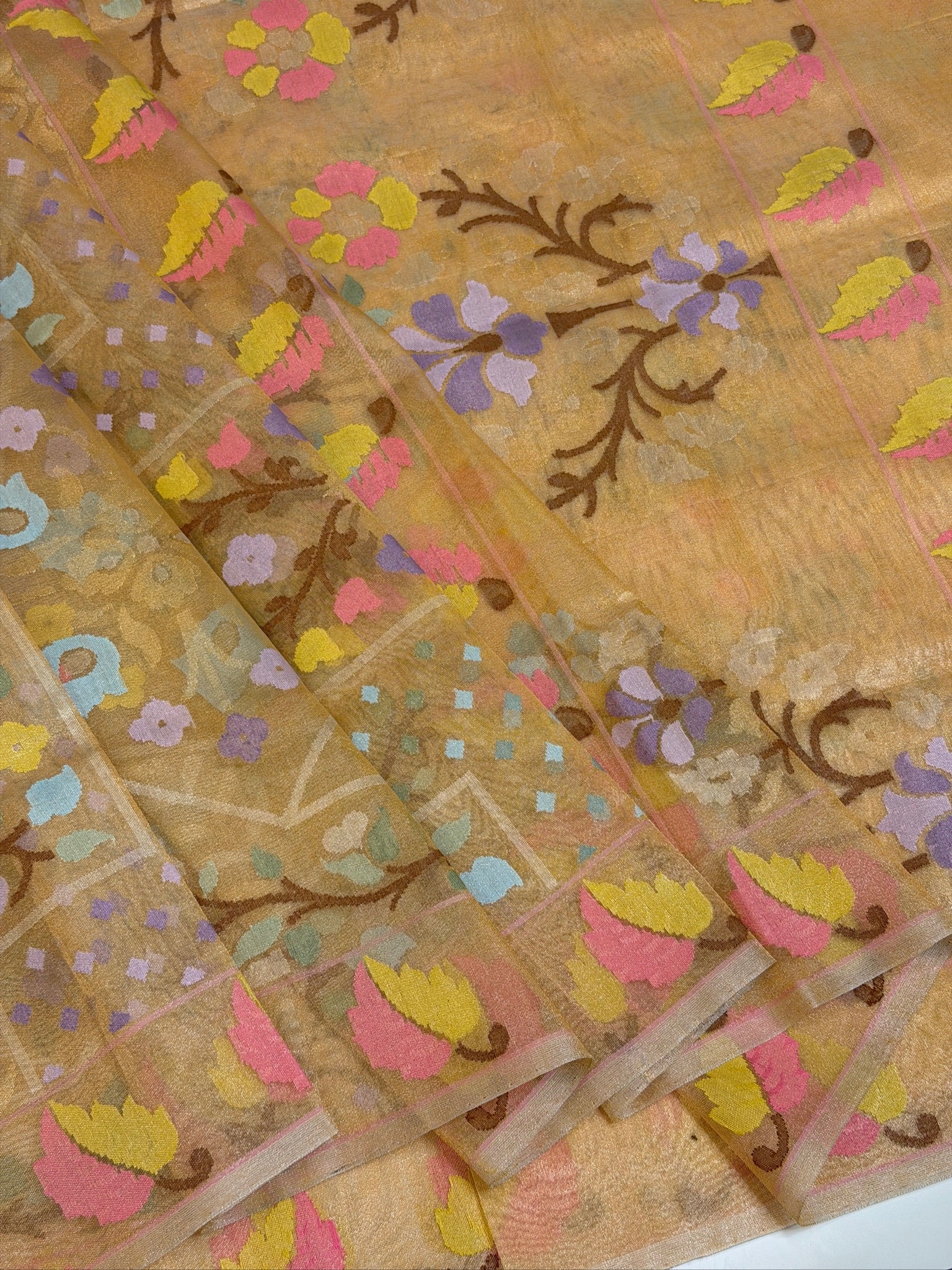 Peach Gold Pure Real Zari Jamdani Saree with Floral Weaving