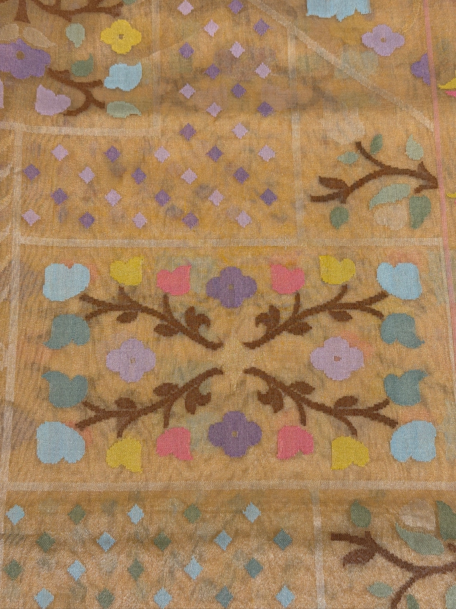 Peach Gold Pure Real Zari Jamdani Saree with Floral Weaving