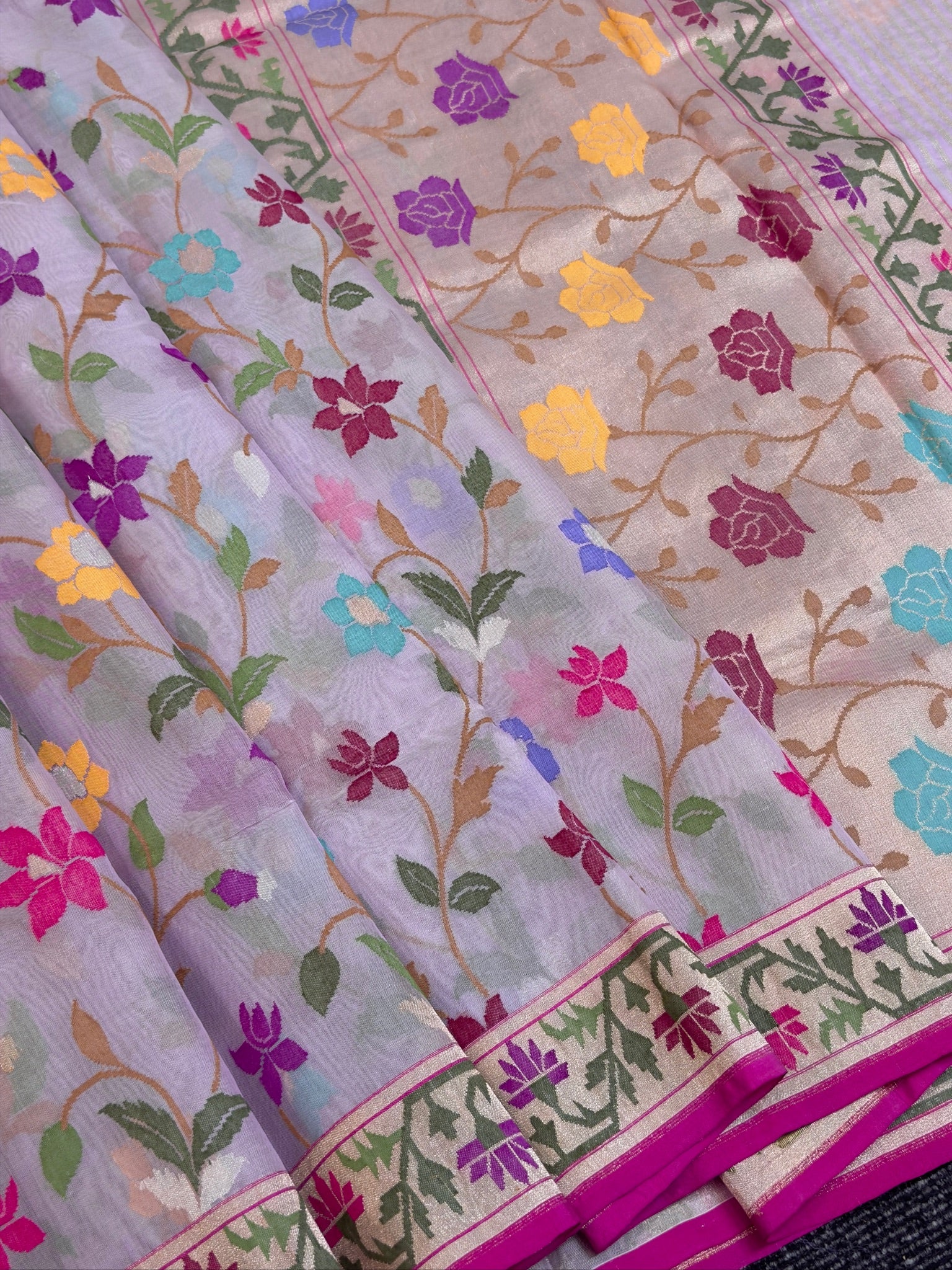 Realzari Pure Kora Organza Silk Saree in Lavender with Floral jall