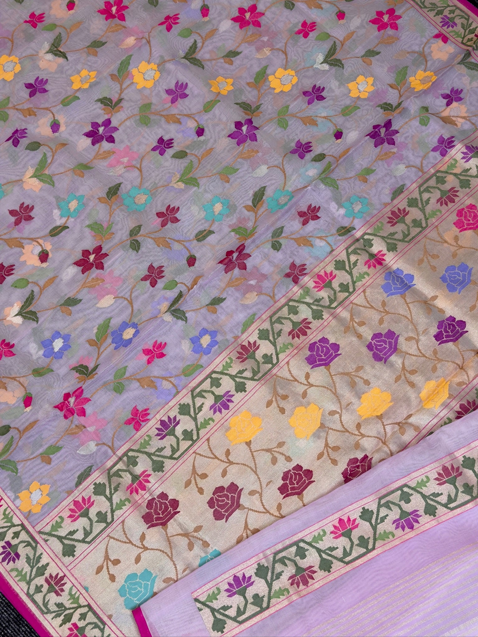 Realzari Pure Kora Organza Silk Saree in Lavender with Floral jall