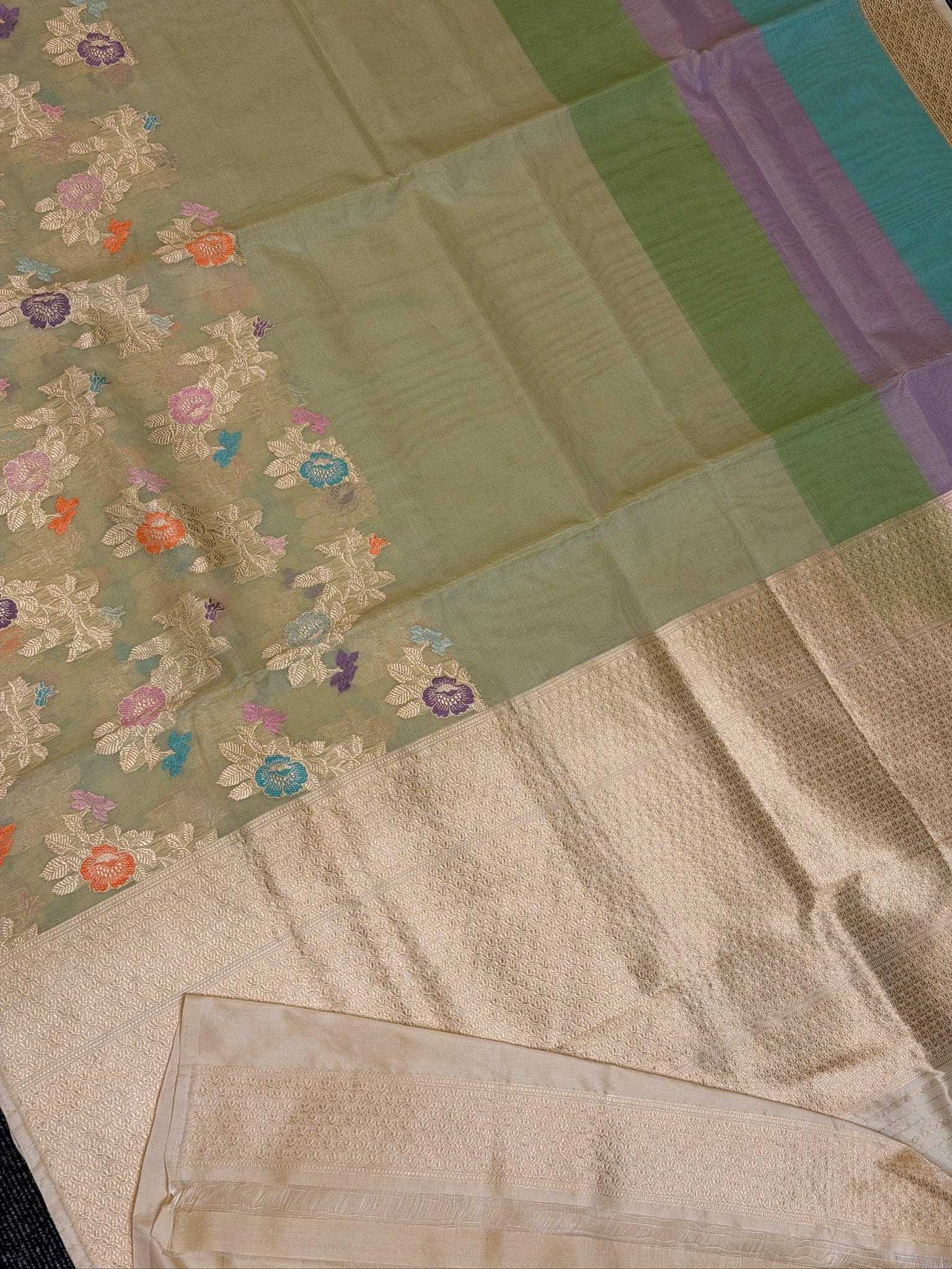 Pure Kora Organza Silk Saree in Pastel Sage Green with Floral Zari Work