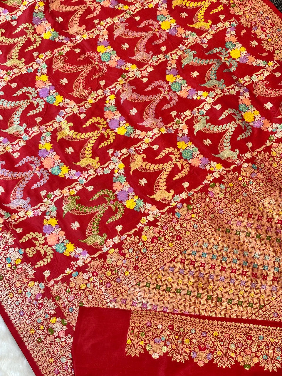 Red Handwoven Pure Banarasi Silk Saree – Kadwa Weave in 100% Katan Mulberry Silk