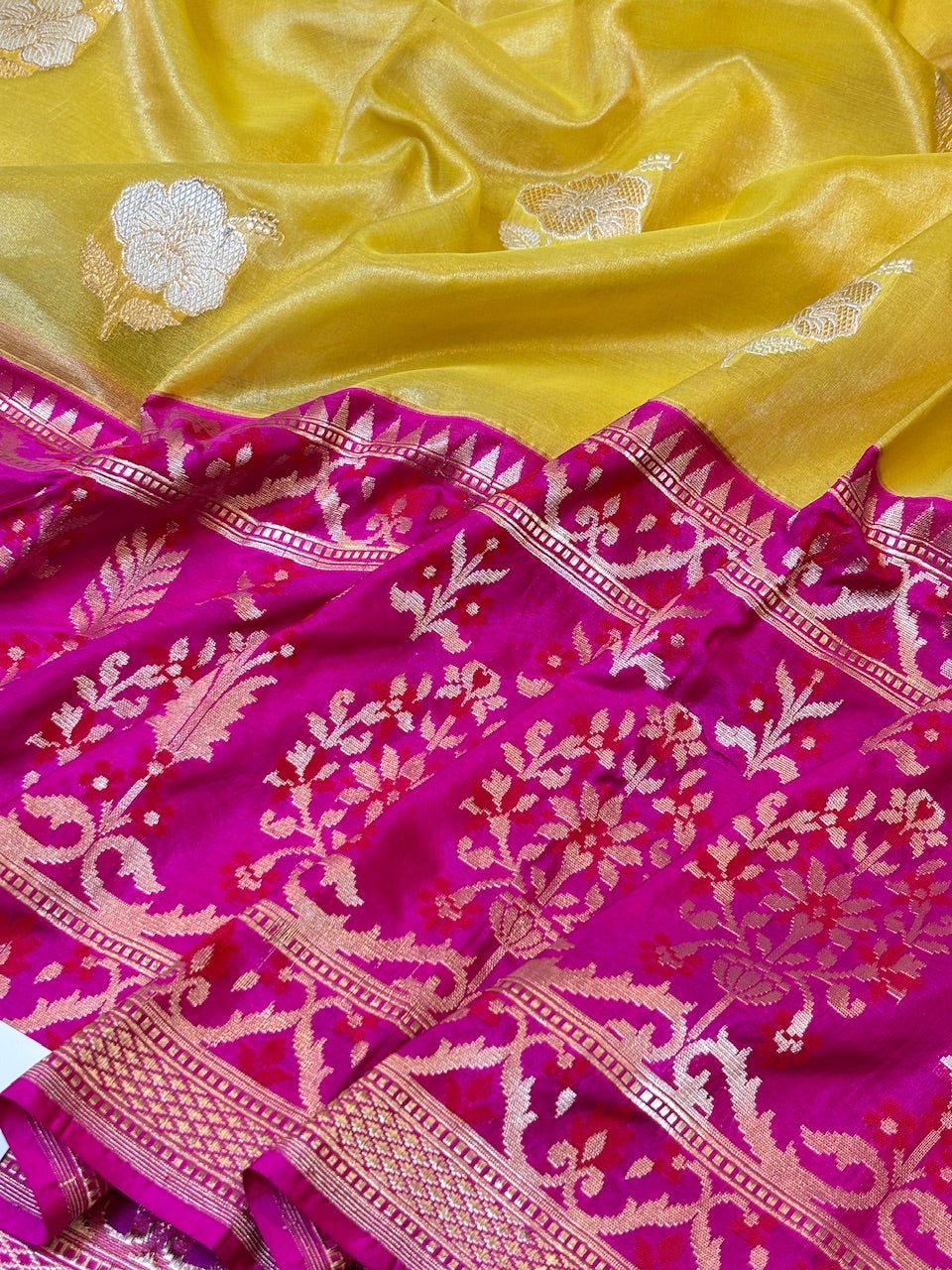 Mustard Yellow Gold Handwoven Pure Banarasi Tissue Silk Saree