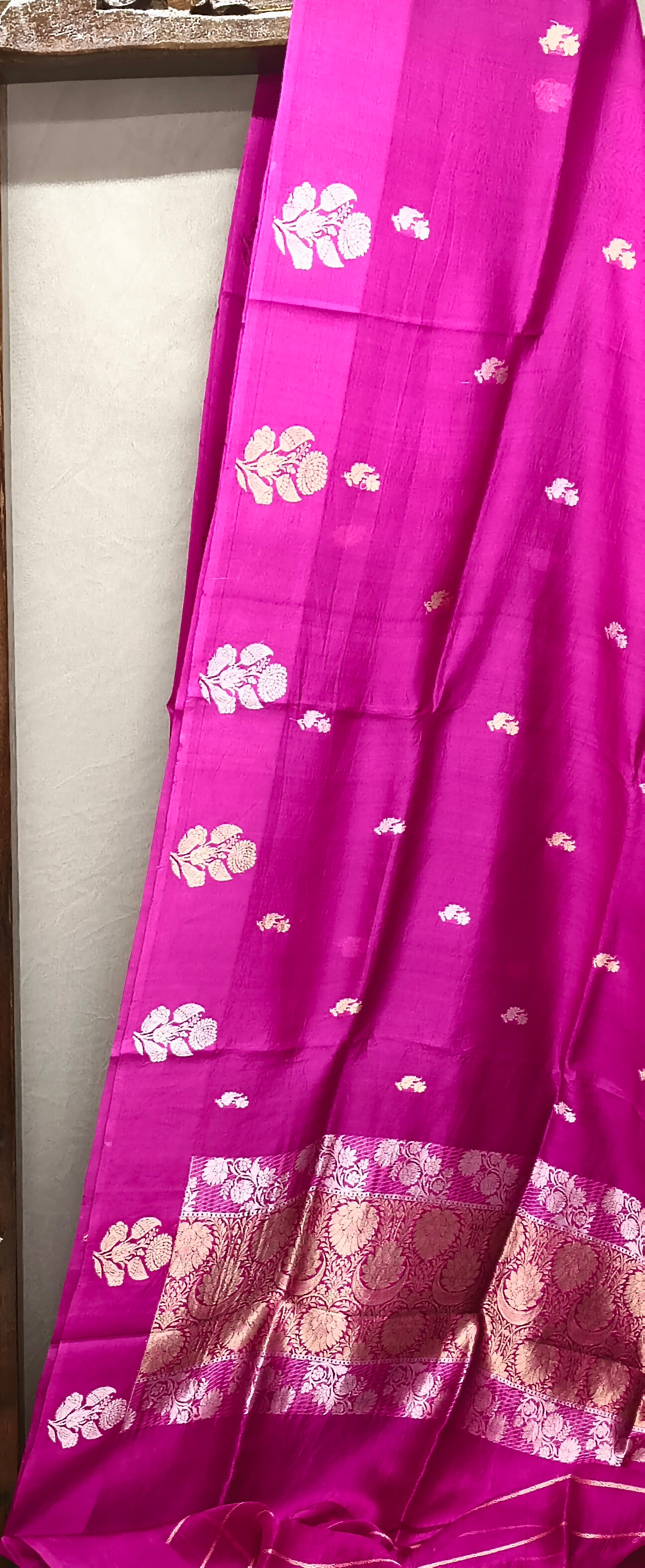 Magenta Pure Row Mango Boota Border Silver Gold Zari Aanchal Booti Saree