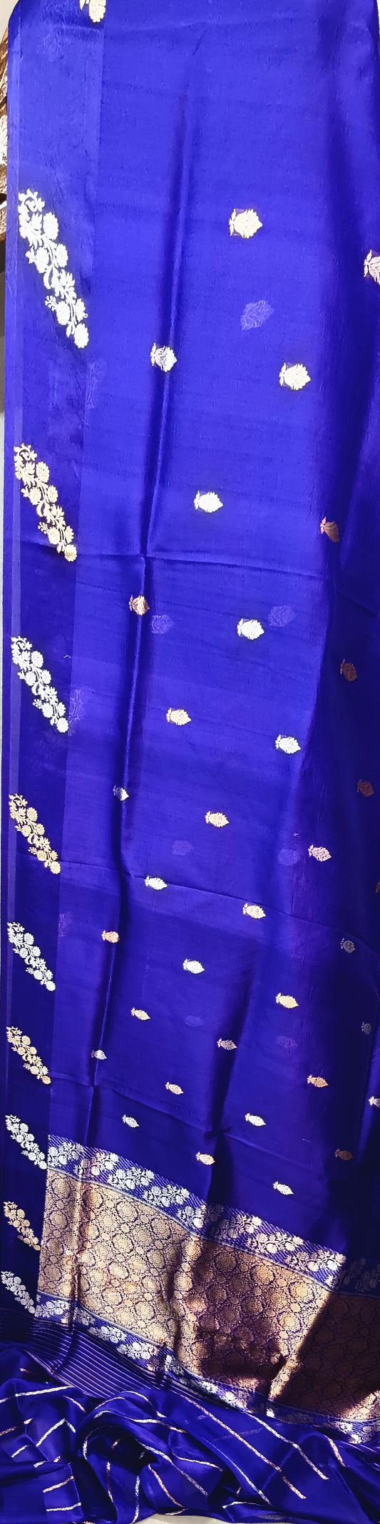 Royal Blue Pure Row Mango Boota Border Silver Gold Zari Aanchal Booti Saree