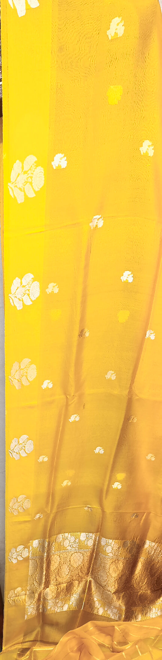 Yellow Pure Row Mango Boota Border Silver Gold Zari Aanchal Booti Saree