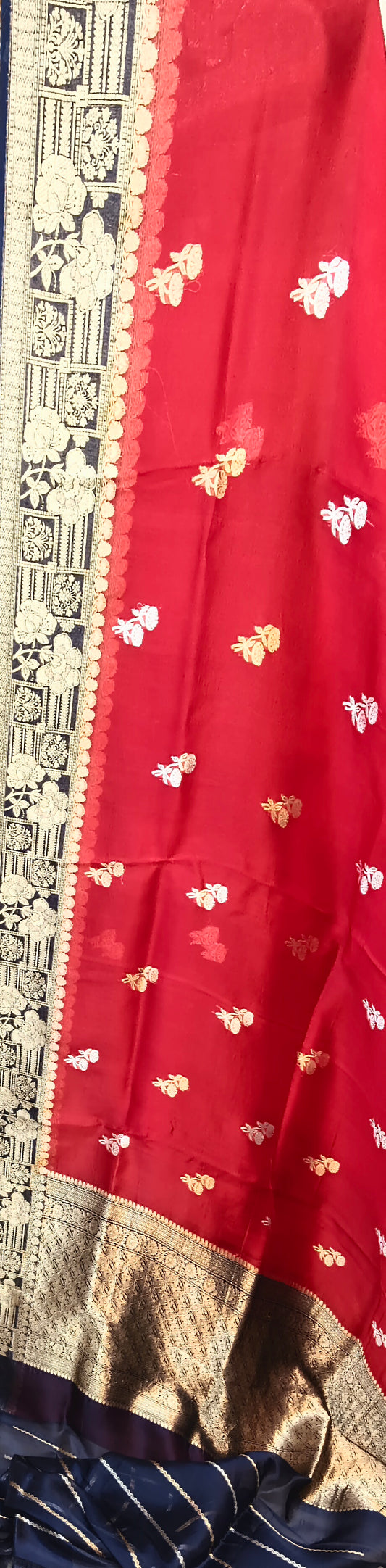 Navy Blue & Red Contrast Pure Row Mango Booti Border Silver Gold Zari Aanchal Booti Saree