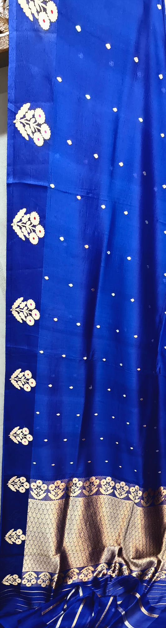 Royal Blue Pure Row Mango Boota Border Silver Gold Zari Aanchal Booti Saree