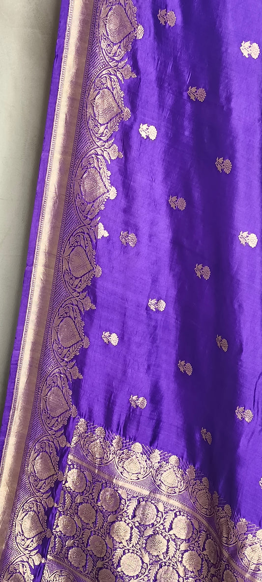 Blue Pure Row Mango Banarasi Border Zari Aanchal Booti Saree