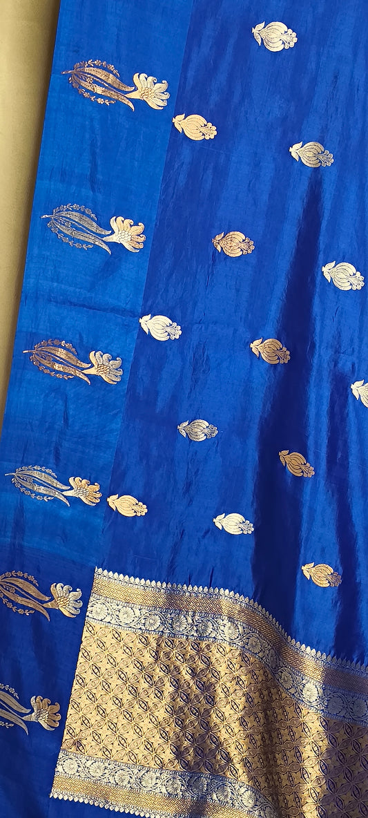 Royal Blue Pure Row Mango Booti Border Silver Gold Zari Aanchal Booti Saree