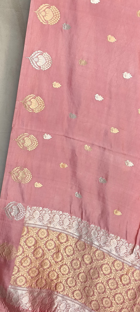 Pink Pure Row Mango Booti Border Silver Gold Zari Aanchal Booti Saree