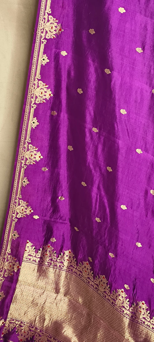 Purple Pure Row Mango Banarasi Border Zari Aanchal Booti Saree