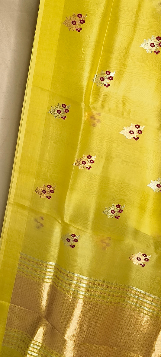 Yellow Kora Silk Kadhua Mina Boota Plain Open Border with Contrast Red Blouse